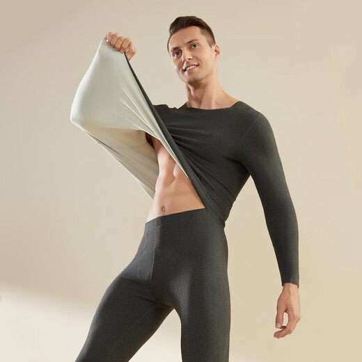 CabraKalani Men's Thermal Underwear Men's Suit Plus Velvet Thickened Autumn Clothes Autumn and Winter Pants Autumn and Winter Close-fitting Round Neck Seamless Basic Bottoming Shirt A Brand Counter Plus Velvet Thickened Seamless Black Gray XL (110-135Jin Jin is equal to 0.5kg)