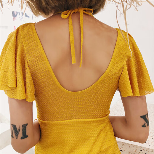 Bedis' new skirt-style one-piece swimsuit covers the belly, looks slimming, halter neck, fashionable and whitening, Korean swimwear, hot spring swimsuit for women 19075 yellow M