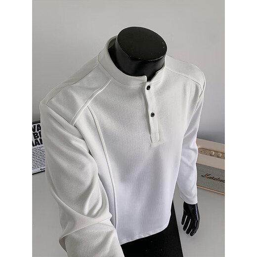Jingsa American trendy bottoming sweatshirt for men in autumn, loose and simple polo henley shirt, versatile casual long-sleeved inner t-shirt, light gray XL