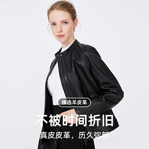 Navigare 意大利小帆船女士真皮皮衣秋冬款小立领羊皮机车服X2236700091 黑色 M 