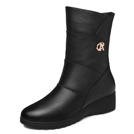 Off-code clearance red green mid-calf boots for women, winter wedge heel plus velvet cotton shoes, middle-aged and elderly mother's boots, inner height increasing women's boots, black plus velvet, heel height 5 cm 38 (240mm)