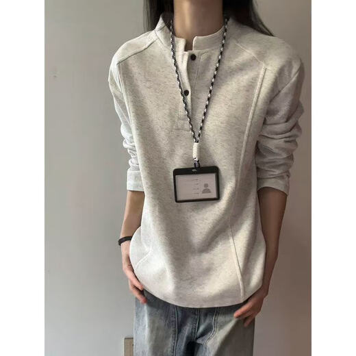 Mo Xiaodao Henry collar POLO shirt sweatshirt for men in spring and autumn deconstructed splicing design right shoulder bottoming shirt hooded long-sleeved T-shirt light gray XL 120-140Jin Jin equals 0.5 kg