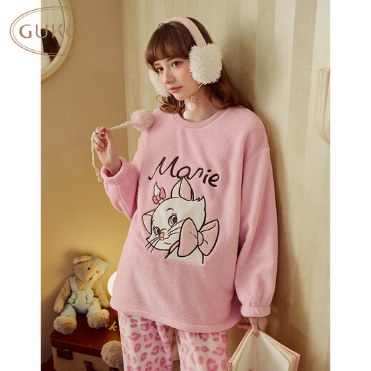 Gukoo pajamas for women winter Disney and Mary Cat joint plush warm and sweet leopard print women's home wear set D peach pomelo set S