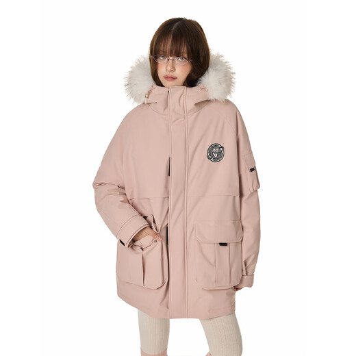 GROUND ZERO Unisex Workwear Wind Sleeve Wall Badge Series Design 90 White Duck Down Hooded Down Jacket Pink 2XL