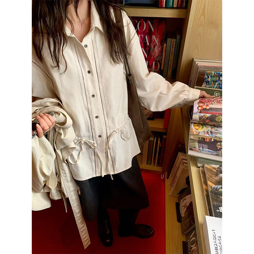 SAME FLOW Ten Points Pear - Lazy design, contrasting color embroidered drawstring shirt, women's autumn and winter new women's top jacket, linen color M