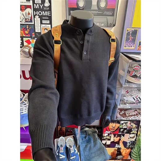 Pugos black Henry collar sweater men's autumn American retro high-end knitted sweater cleanfit inner layering shirt Gray XL 130-150Jin Jin equals 0.5 kg