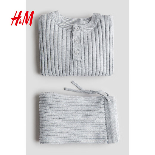 H&M Children's Clothing Baby Boy Suit 2-piece Autumn Ribbed Knit Henley Long Sleeve Sports Drawstring Trousers 1239501 Navy Blue 100 100/56