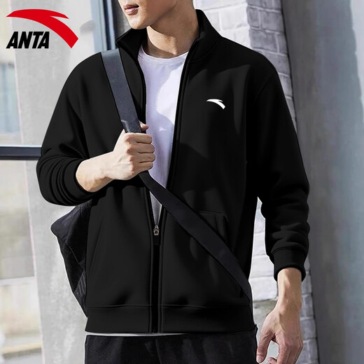 ANTA (ANTA) Knitted Stand Collar Sports Jacket Men's 2025 Autumn New Cardigan Thin Casual Sweatshirt Sportswear Jacket Top -1 Basic Black Regular Style L Suitable for 120-140Jin Jin equals 0.5 kg