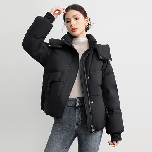 Flying in the snow short down jacket for women 2025 winter new hooded casual thickened warm 90 velvet jacket trendy black XS