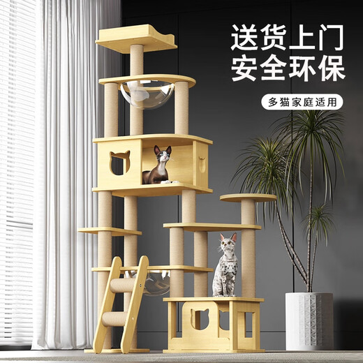 Cat climbing frame space capsule wooden multi-layer indoor solid wood cat nest large cat tree cat stand household all-in-one pet supplies Y6 enlarged cat nest double space capsule (upgraded solid wood columns)