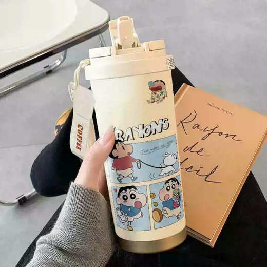 Yusenyi Crayon Shin-chan Thermos Cup Straw Large Capacity Student Dual Drinking Mouth Men and Women Portable New Water Cup Gaoyan CKY753 Take Off Pants Shin-chan + With Lanyard 316 Stainless Steel