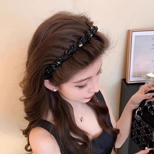 Princess of Paris Headband for Women 2025 New Light Luxurious Pressed Hair Headband Temperament Small Fragrance Style Beaded Wrap Hair Bundle Headband Princess of Paris Hairband Black 1 pc