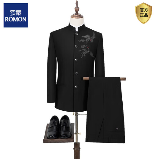 ROMON (ROMON) Embroidered Crane Pattern Black Mao Suit Performance Outfit Groom Wedding Dress Chinese Style Young Men's Tang Suit Black Crane Pattern Top + Pants S (165) 95-105Jin Jin equals 0.5 kg