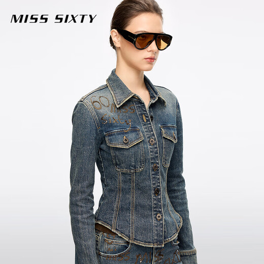 MISS SIXTY2025 winter new long-sleeved denim shirt women's waist waist hot diamond collage medium blue L
