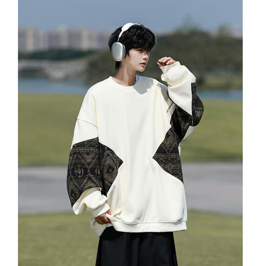 Shelley Jones national fashion sweatshirt men's autumn and winter new loose trendy round neck plus velvet retro splicing trendy brand top clothes men's black XL recommended 125-135Jin Jin equals 0.5 kg