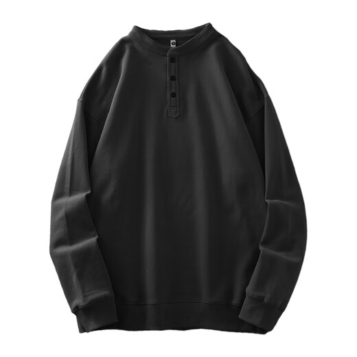 Duken Heavy Cotton Henley Collar Plus Velvet Long Sleeve Men's Autumn and Winter Loose Bottoming Shirt Tough Guy Style 400G Thick Black M _ (Suitable for wear under 110Jin Jin equal to 0.5kg)