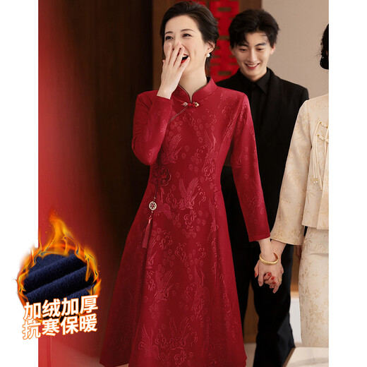 Paste Xi's mother-in-law Chinese style retro plus velvet thickened festive banquet dress wedding festive dress red 3XL