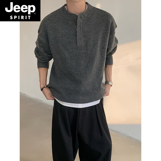 JEEP SPIRITcleanfit henley collar sweater men's autumn and winter warm sweater men's inner long-sleeved base sweater dark gray XL 130 to 145Jin Jin equals 0.5 kg can be worn