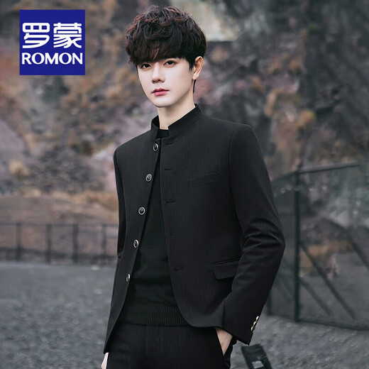 ROMON new style Chinese tunic suit suit men's trendy handsome slim Chinese stand collar performance wedding Tang suit jacket youth black top (single top) XL