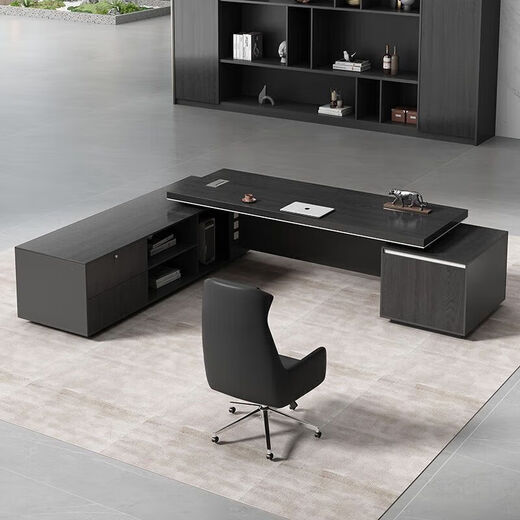 Office boss desk, office desk, chair and chair combination, simple modern executive desk, president desk, manager desk complete set, North American Stowe walnut and Nicola gray 1.8m thickened table + single side cabinet