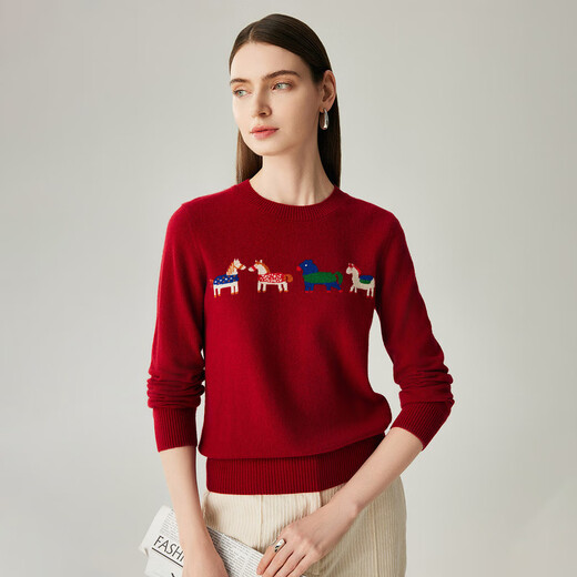 Zhaojun 2025 Autumn and Winter New Contrast Color Horse Zodiac Style Cashmere Sweater Women's Red Knitted Sweater Round Neck Bottoming Sweater Burgundy Red L