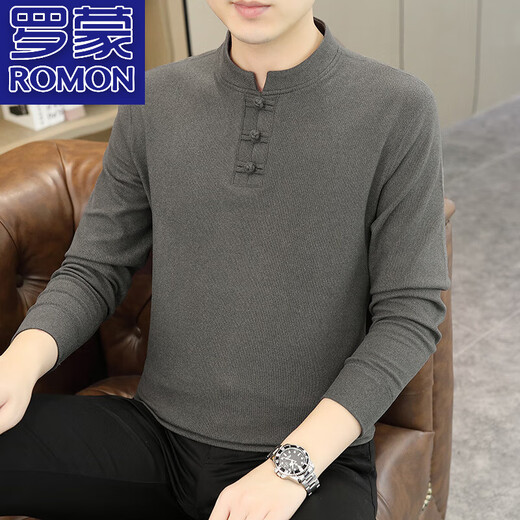 ROMON 100% cotton stand-up collar long-sleeved T-shirt men's Chinese style Henry collar polo shirt with button inside German velvet bottoming shirt 8806 Gray 2XL