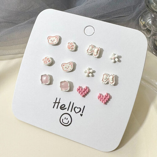 YKINCASL Old Phoenix Cute Animal 9999 Sterling Silver Earrings Anti-fall Student Sweet and Cute Baby Earrings Set Bunny Tulip Set 6 Pairs Lao Fengxiang Same Style