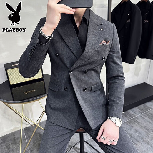 Playboy spring and autumn business casual suit men's slim and handsome double-breasted groom's suit three-piece wedding dress dark gray (suit + trousers) XL