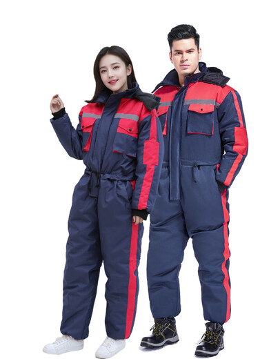 Winter fishing cold-proof clothing, cold-proof one-piece anti-freeze and warm winter fishing windproof outdoor work clothes, cotton clothing, red + navy blue 165/88A