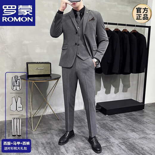 ROMON Groom's Suit Men's Business Professional Formal Wedding Dress Casual British Style Slim Suit Jacket Medium Gray Two-Button 3-piece Suit + Vest + Pants L 110-122 Jin Jin equals 0.5 kg Wear