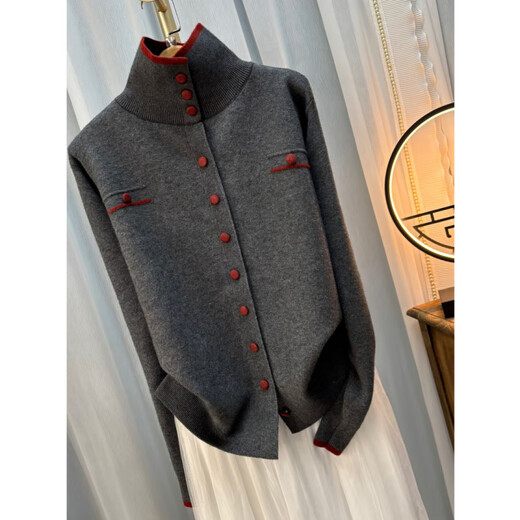 La Chapelle Korean style gray half turtleneck knitted cardigan for women 2025 autumn and winter new fashion versatile bottoming top gray L