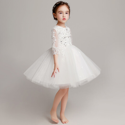 Xiaokayi Nong girls princess dress tutu yarn children evening dress flower girl wedding dress small host piano performance suit broken code 098 fixed beads white long style A5150cm