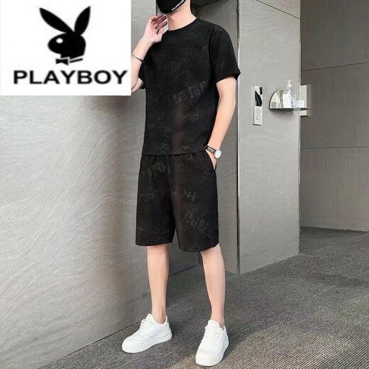 花花公子（PLAYBOY）纯棉2023新款冰丝短袖T恤套装男士休闲运动两件套男装宽松夏季潮 671灰色套装 3XL 160斤-175斤