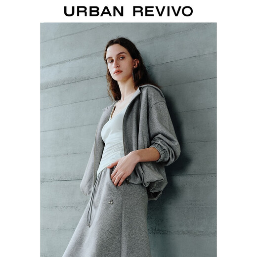 UR2025 autumn new women's clothing simple casual hooded drawstring zipper jacket UWH150051 flower gray S