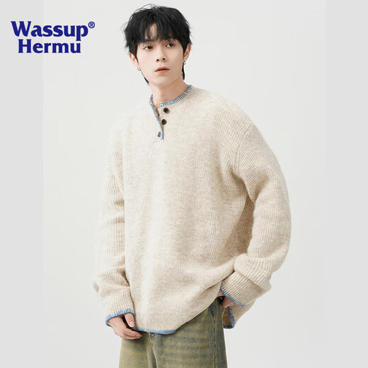 WASSUP HERMU official sweater men's autumn and winter retro atmosphere sweater niche design Henry collar lazy top jacket apricot L (recommended 130-150Jin Jin equals 0.5 kg)