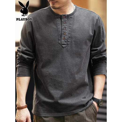 Playboy (PLAYBOY) high-end retro long-sleeved T-shirt men's spring and autumn loose new pure cotton tough guy Henry collar bottoming shirt top 2315 charcoal gray S