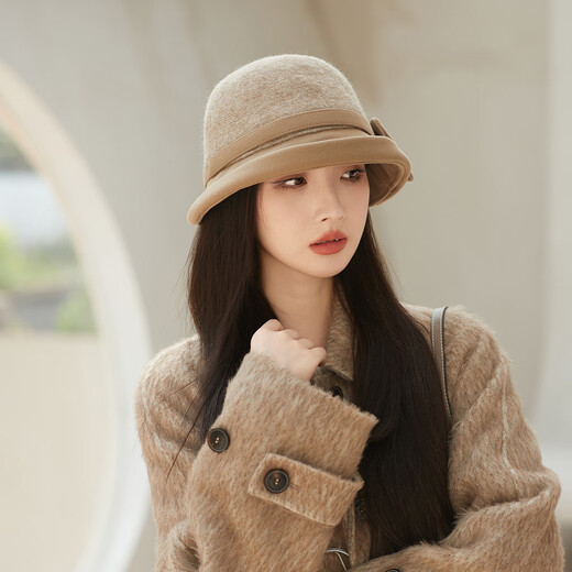Catman Hat Women's Autumn and Winter Fashion Versatile Basin Hat Wool Winter Warmth British Retro Elegant Fisherman Hat Temperament Hat Khaki 56-59CM