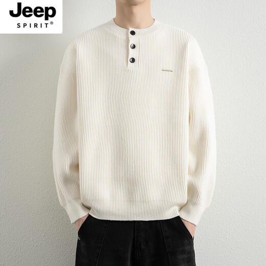 JEEP SPIRIT Jeep sweater men's new autumn and winter loose round neck white sweater with sweater for boys Henry shirt handsome WE25621 white M recommended 95-115Jin Jin equals 0.5 kg