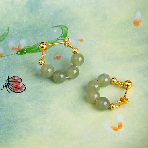 Little Silversmith S925 Silver Hetian Jade Green Earrings for Women New Chinese Style Jade Stud Earrings National Style Sapphire Earrings as Gifts