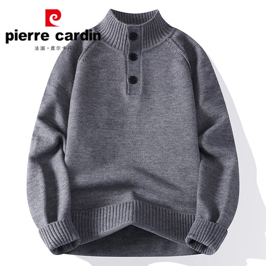 Pierre Cardin Button Henley Collar Sweater Men's Loose 2025 New Autumn and Winter Thickened Warm Top Men's Bottoming Sweater Burgundy M