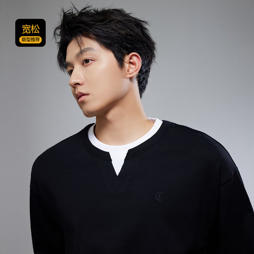 Cabin Henry collar fake two pieces Cabin pure cotton long-sleeved T-shirt men's 2025 autumn new inner top bottoming shirt coal black 01 L /175/50