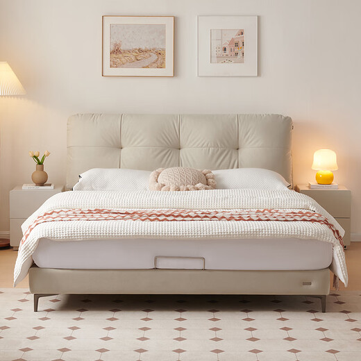 Quanyou Home Fabric Soft Backrest Bed 1.8x2m Master Bedroom Double Bed Modern Simple Cream Style Puff Bed