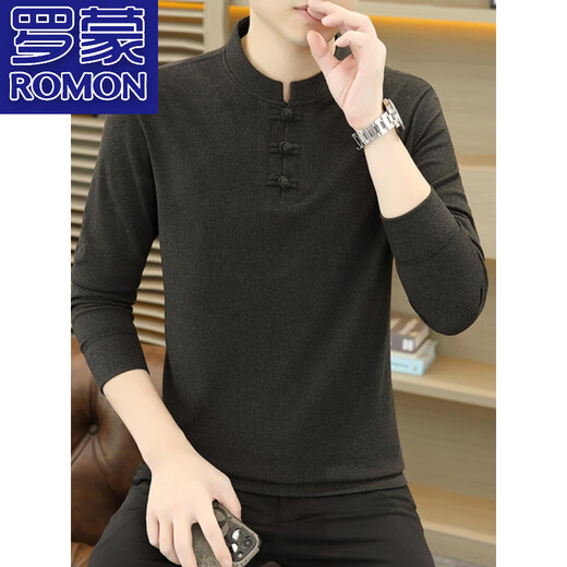 ROMON 100% cotton stand-up collar long-sleeved T-shirt men's Chinese style Henry collar polo shirt with button inside German velvet bottoming shirt 8806 Gray 2XL