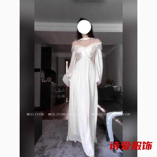 Dongjing plus size fat mm French heavy industry satin lantern sleeve splicing dress women's autumn one-shoulder bridesmaid dress long dress skirt 4XL recommended 180-200Jin Jin is equal to 0.5 kg