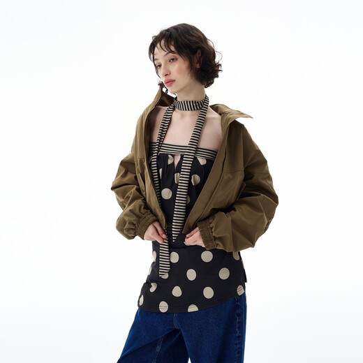 Weilang's store autumn American retro cool style short jacket women's design high-end niche windbreaker jacket green ready for delivery on the same day S