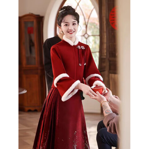Woodpecker red horse-faced skirt toasting suit bride Chinese wedding dress engagement suit women's autumn and winter new wedding dress skirt (jacket + skirt) suit XL