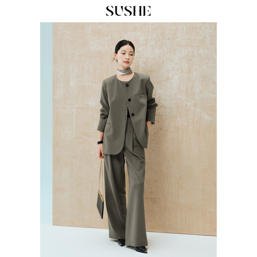 SUSHE Gold Jacquard Contrast Color Collarless Suit Jacket High Waist Cut Drape Suit Comet Green - Pants M