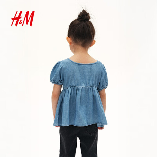 H&M Children's Clothing Children's Girls' Shirt Spring Square Neck Cute Puff Sleeve Top 1301581 Denim Blue 150 150/76 (10-12Y)