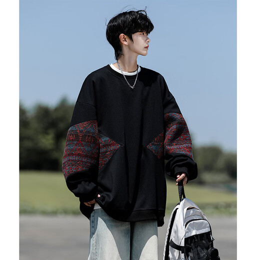 Shelley Jones national fashion sweatshirt men's autumn and winter new loose trendy round neck plus velvet retro splicing trendy brand top clothes men's black XL recommended 125-135Jin Jin equals 0.5 kg