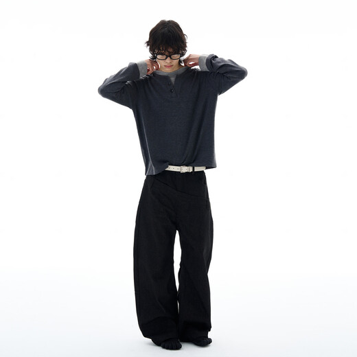 Weilang's shop American style lazy and relaxed knitted sweater for men, high-end fake two-piece Henry collar bottoming shirt, couple trendy black S